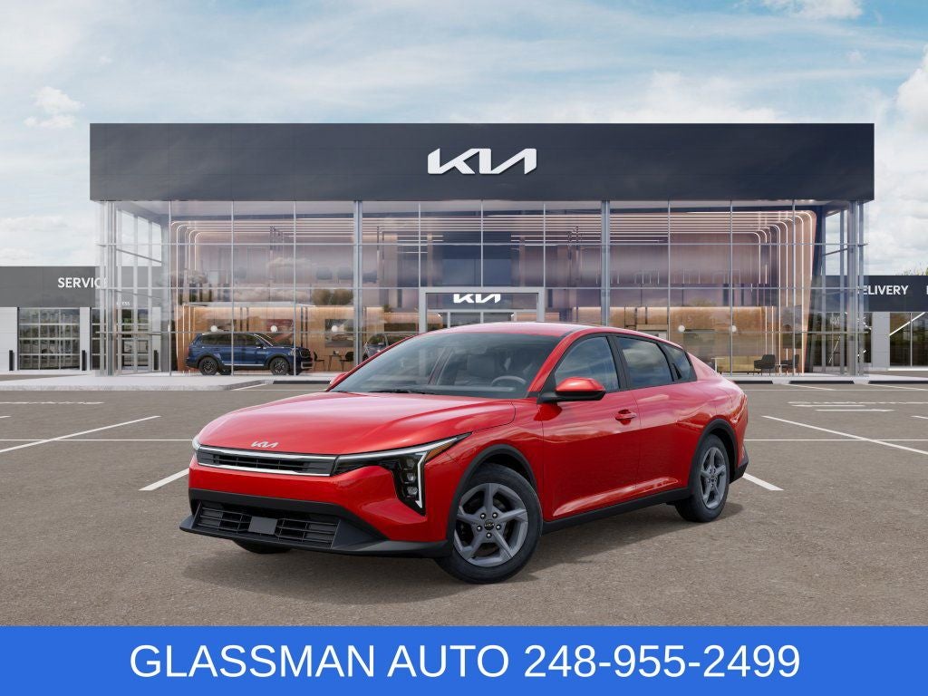 2025 Kia K4 LXS in Currant Red — front three-quarter view